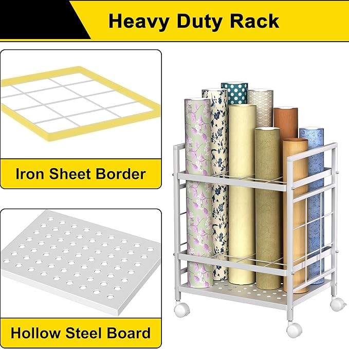 GIOTORENT Blueprint Storage Rack, Holder with Wheels, Map/Poster/Architectural Plan Storage, 12 Slots, 2 Brakes, Silent Wheels for Home, Office, School (White)