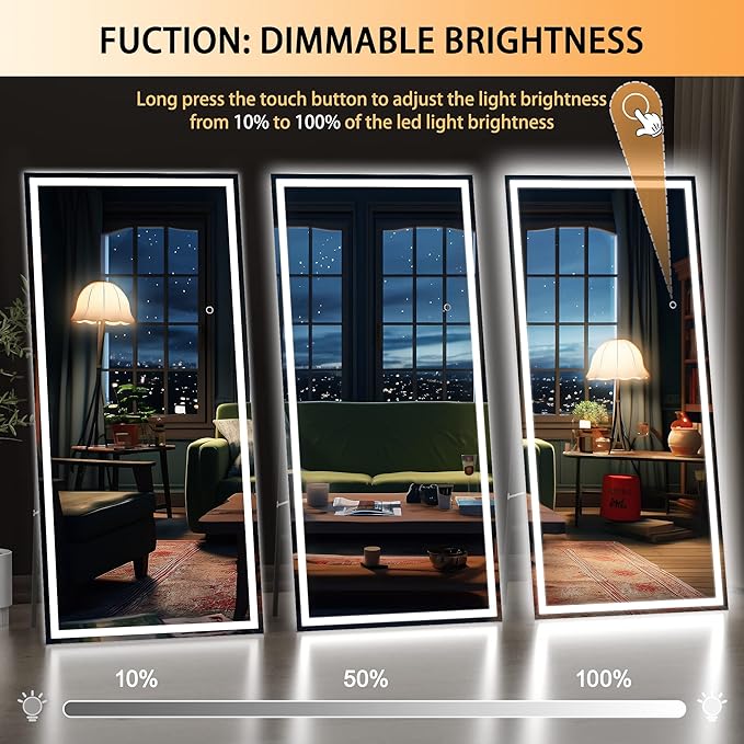 Hasipu Full Length Mirror with Lights, 71" x 24" LED Lighted Floor Standing, Full Body Dressing Hanging Mounted Mirror, Dimmable, Tempered Glass, Safe to Use, Square Black