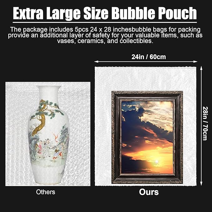 5 Pack 24 * 28 Inch Extra Large Bubble Pouches Clear Bubble Pouch Wrap Bags for Packing Shockproof Cushioning Wrap Bag for Shipping Moving Fragile Dishes China Plates Painting Fragile Items