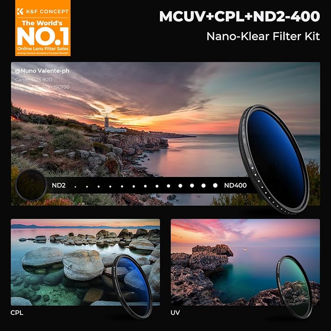 K&F Concept 82mm UV/CPL/ND2-400 Lens Filters Kit-18 Multi-Layer Coatings - Image 2