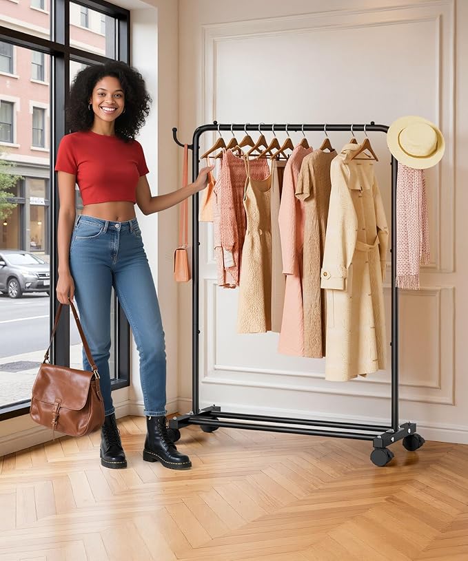 Homde Heavy Duty Clothes Rack: 120lb Standing Garment Storage for Indoor - Rolling Hanging Rod for Bedroom Laundry Room - Coat Dress Organizer on Wheels with luggage shelf (Black，32")