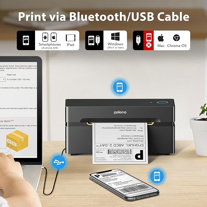 POLONO Bluetooth Thermal Shipping Label Printer, Wireless 4x6 Shipping Label Printer for Small Business, Support iOS, Android, Windows and Mac, Compatible with Amazon, Ebay, Shopify, Etsy, USPS(Brown)