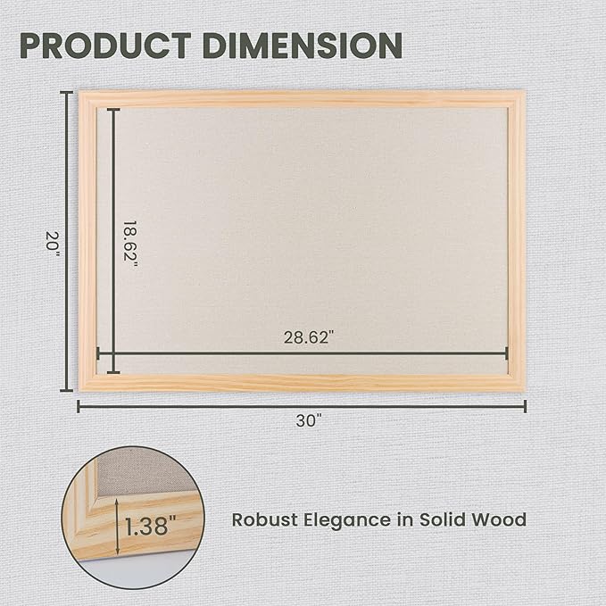 Bulletin Board Cork Board with Linen, 100% Wood Framed 24" x 36" Bulletin Board Decorations, Pin Boards for Walls, Wall Mounted Fabric Picture Board with 10 Pushpins for School, Home & Office, Natural