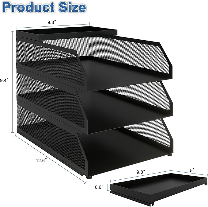 Natwind 3-Tier Stackable Paper Tray, Metal Mesh Desktop Organizer, Paper Sorter, Letter Trays,File Document Storage Rack for for Home, Office, School (Black)