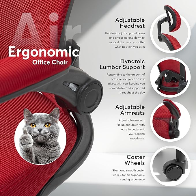 Oline ErgoAir Ergonomic Office Chair – Adjustable Lumbar Support, Flip-Up Armrests, Mesh Computer Desk Chair, Swivel Rolling Executive Gaming Chair for Home & Office (Red)