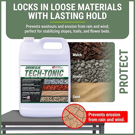 Ground Glue Tech-Tonic Landscape Adhesive for Rock, Mulch, and Sand, Weatherproof Long-Lasting Stabilizer for Trails & Slopes, Pet-Safe Binder for Pea Gravel, Bark & Flower Beds, Made in USA, 1 Gallon