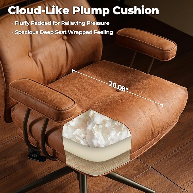 ovios Home Office Chair, Mid-Century Modern Faux PU Leather Chairs with Lumbar Support Comfy Thick Cushion, High Back Ergonomic Swivel Rolling Executive Armchair (Brown, Suede Leather)