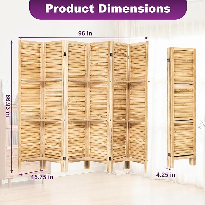 Room Divider with Shelves, 5.6FT Folding Room Divider Panel, 6 Panel Wood Partition Wall Divider for Room Separation, Natural Wood