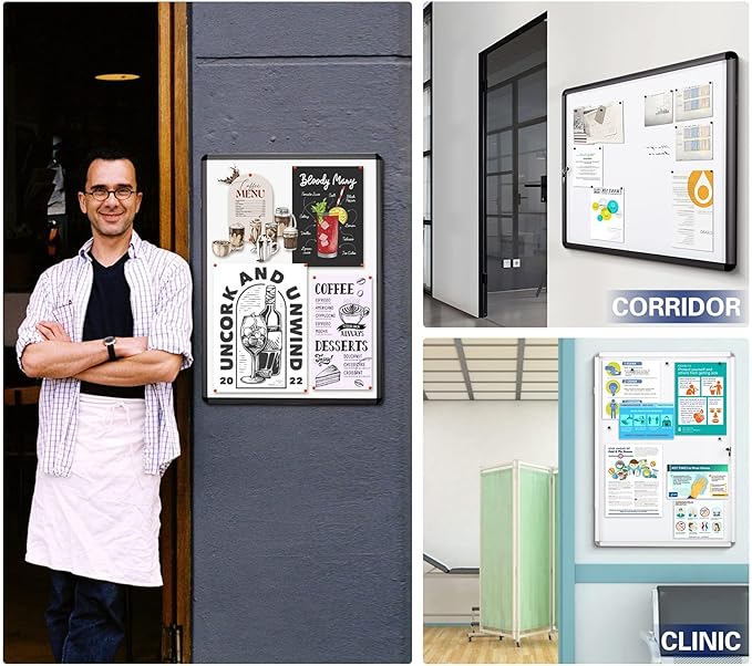 SWANCROWN Enclosed Bulletin Board Magnetic Dry Erase Noticeboard Lockable Display Boards White with Aluminium Frame 26x20inch(4xA4)