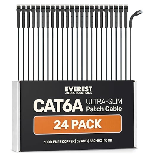 Everest Ultra Slim Cat6a Ethernet Patch Cables 1ft Black by EverestMediaSolutions