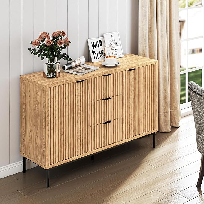 Real Relax Fluted Sideboard Cabinet, Sideboard Buffet Cabinet with Storage, Modern Credenza 2 Doors 3 Drawers, Coffee Bar Buffet Table for Dining Room, Kitchen, and Living Room, Oak