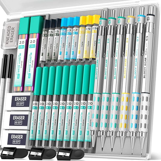 Nicpro Blocky Gear Art Mechanical Pencil Set with Case, 36PCS Metal Mechanical Pencils 0.5, 0.7, 0.9mm & 2mm Lead Holder for Drawing Sketching with 20 Tubes (6B 4B 2B HB 2H 4H Colors) Lead Refills