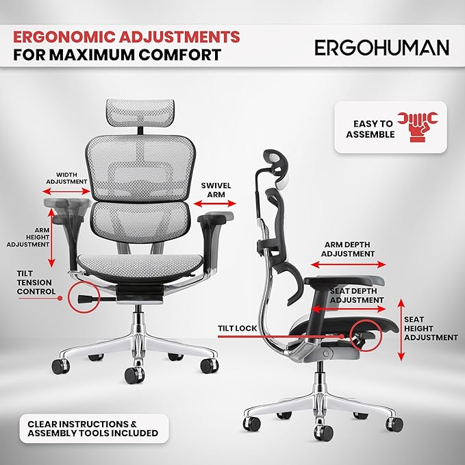 Ergohuman Eurotech ME7ERG GEN2 High Back Mesh Office Chair with Tilt Tension Control, Tilt Lock, Back Angle, Back Height, Synchro Tilt, Seat Height, Seat Depth, and Arm Height Adjustments, Grey