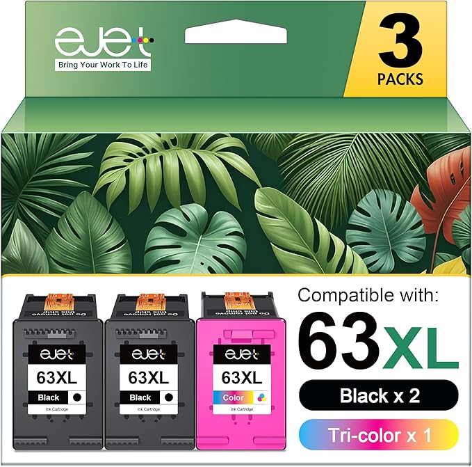 63XL Ink Cartridges Black and Color Replacement for HP 63XL Ink Cartridge Combo Pack Work with OfficeJet 3830 4650 5255 Envy 4520 4512 Deskjet 1112 3630 3634 3639 Printer (2 Black, 1 Tri-Color)