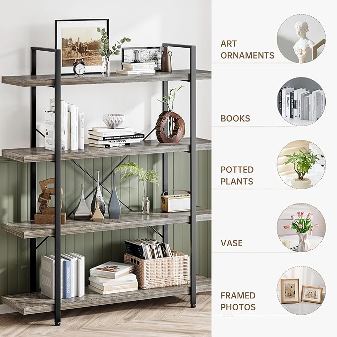 Heavy Duty 4-Tier Industrial Bookcase, 47" Wide Wood Bookshelf for Home Office, 120lbs Shelf Capacity, Rustic Shelving Display with Reinforced Horizontal Shelf for Living Room Bedroom,Grey