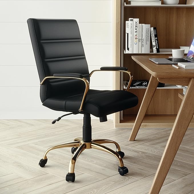 Flash Furniture Whitney Mid-Back Swivel LeatherSoft Desk Chair with Wheels, Padded Seat and Armrests, Adjustable Height Padded Office Chair, Black