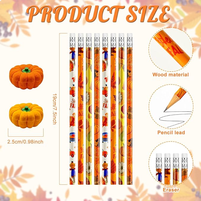 Cinrobiye 60 Pieces Fall Thanksgiving Day Pencils with Pumpkin Eraser Bulk Fall Party Favors Maple Leaf Autumn Pumpkins Pencils Erasers for Harvest School Party Teacher Rewarding Supplies