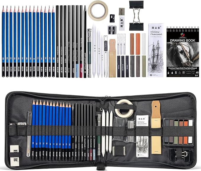 H & B 50 Pack Drawing Set Sketching Kit, Pro Art Supplies with 3-Color Sketchbook, Include Colored, Graphite, Charcoal, Watercolor & Metallic Pencil, for Artists Adults Beginner