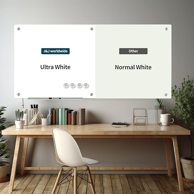J&J worldwide Glass Whiteboard, Magnetic Brilliance White Glass Dry Erase Board 8' x 4', Includes Markers, Marker Tray, Eraser for Wall, Office, Home, School