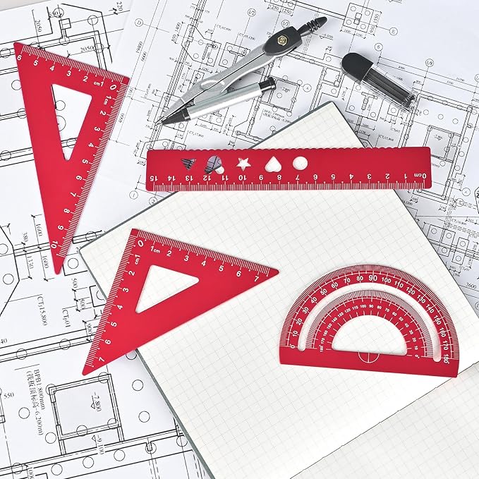 6 Pcs Metal Geometry Set, Math Geometry Kit, Metal Ruler Set and Compass Geometry Tool, Rulers Protractor and Compass Set for Student School and Drawings Supplies (Red)