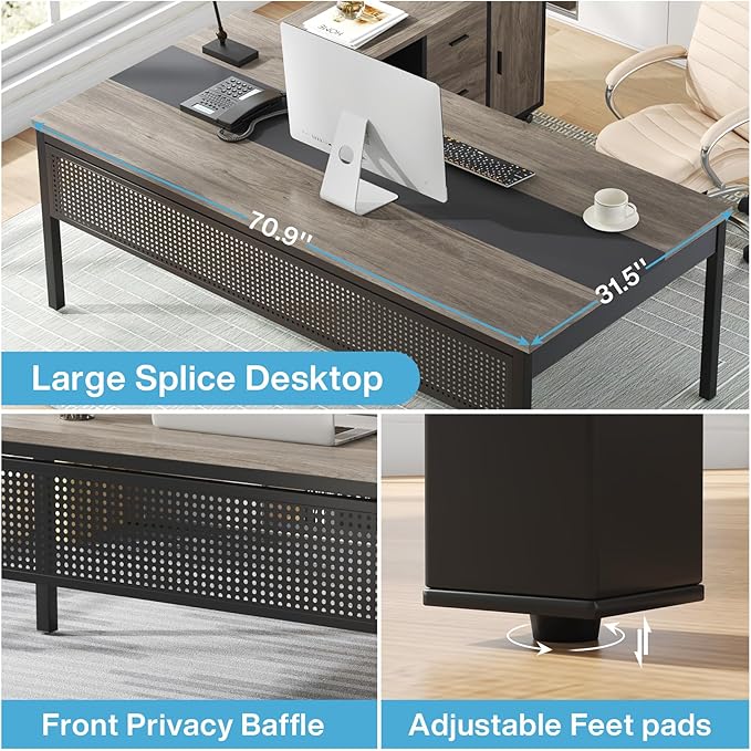 Tribesigns 70.8" Large Executive Office Desk and 47" Lateral File Cabinet Combo, L-Shaped Computer Desk Business Furniture with Drawers and Shelves, Home Office Workstation, Grey & Black