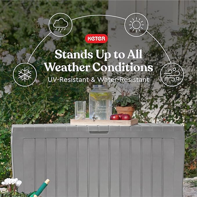 Keter Marvel Plus 71 Gallon Resin Deck Box-Organization and Storage for Patio Furniture Outdoor Cushions, Throw Pillows, Garden Tools and Pool Floats, Light Grey