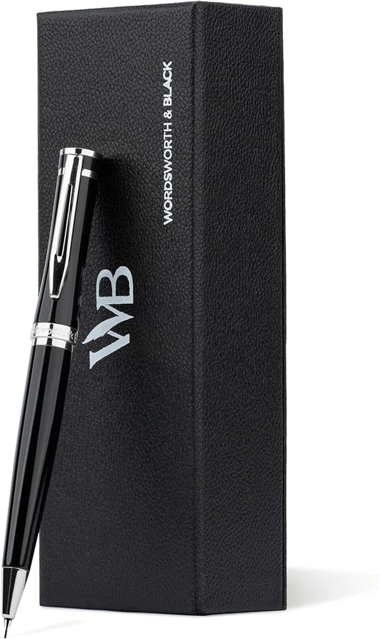 Wordsworth and Black Mechanical Pencil Graphite Lead- Stunning Luxury Metal Pencil, Black Lacquer Chrome Finish, 0.7mm Led, Best Gift Set for Men & Women, Professional Executive Office Pencils