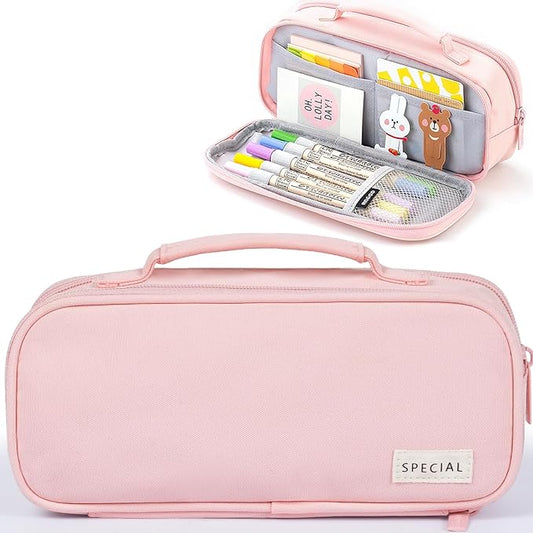 MAMUNU Pencil Case Large Capacity with 3 Compartments, Pencil Case Pouch Bag with Zipper Handle Portable Pen Stationery Organizer for Teen Girls Adults College School Office Travel, Pink