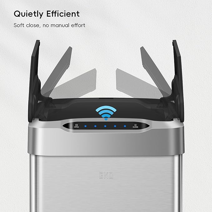 EKO Phantom-T 50 Liter / 13.2 Gallon Vertical Motion Sensor Trash Can, Brushed Stainless Steel Finish