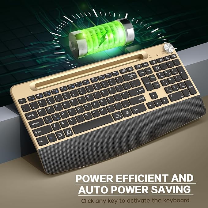 Ergonomic Wireless Keyboard with Wrist Rest-Low-Profile,Phone/Tablet Holder,Quiet Design，Windows & Mac OS，Full Size Cordless USB Computer Keyboard for Desktop,Laptop, PC, Mac, Windows-Gold