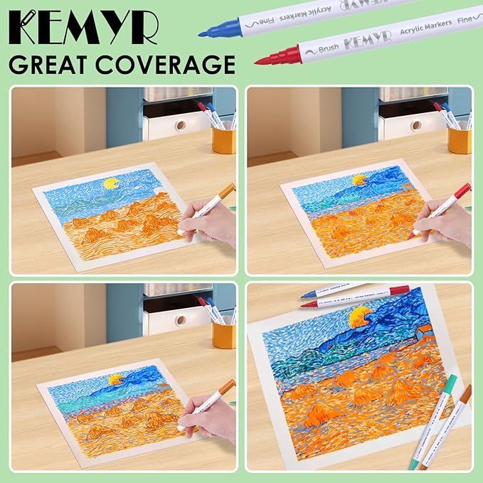 24 Colors Brush & Fine Tip Acrylic Paint Pens, Dual Tip Acrylic Paint Markers for Paper, Wood, Canvas, Stone, Rock, Glass, Fabric, DIY, Ceramic, Art Supplies for Kids and Adults Drawing