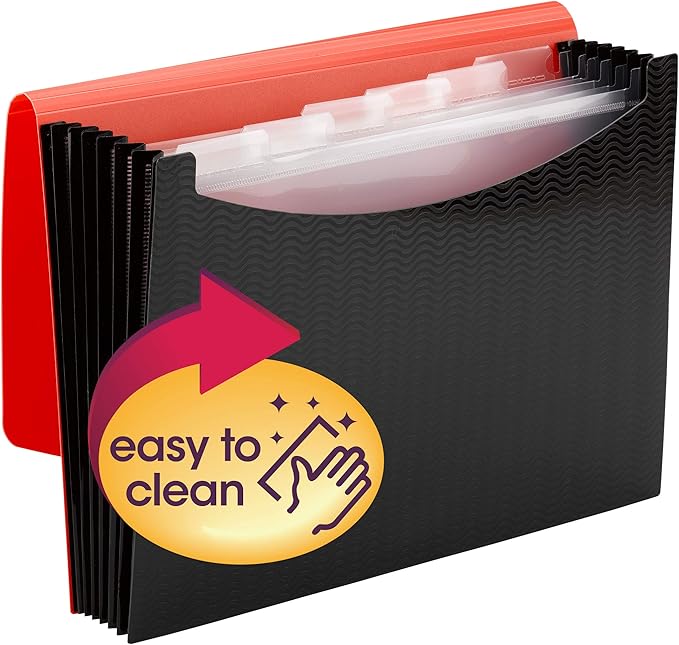 Smead Poly Expanding File, 6 Dividers, Flap and Cord Closure, Letter Size, Wave Pattern Red/Black (70884)