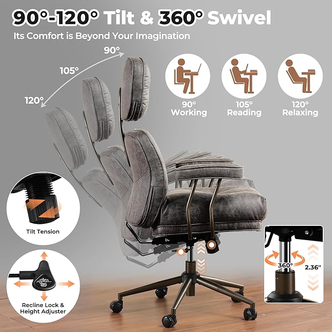ovios Home Office Chair, Mid-Century Modern Faux PU Leather Chairs with Lumbar Support Comfy Thick Cushion, High Back Ergonomic Swivel Rolling Executive Armchair (Dark Grey, Suede Leather)