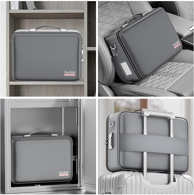 DocSafe Fireproof Document Box with Lock＆Shoulder Strap,Hard Case File Organizer with Accordion File Folder,Multi-Layer Portable Home Office Travel Safe Storage for Important Documents Laptop Gray