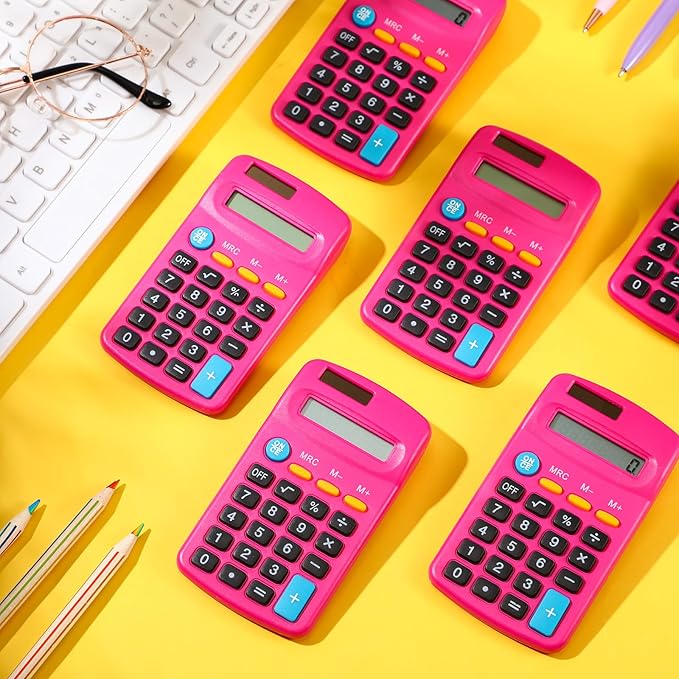 24 Pieces Basic Calculators for Students Small Pocket Size 8 Digit Display Mini Calculators Dual Powered Handheld for School Desktop Home(Rose Red)