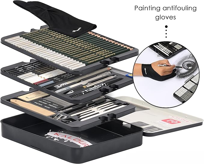 KALOUR 72-Pack Sketch Drawing Pencils Kit with Sketchbook and 3-color Drawing Paper,Tin Box,Include Graphite,Charcoal,Drawing Glove and Artists Tools,Pro Art Drawing Supplies for Adults Beginner