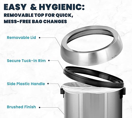 Alpine 17 Gallon Stainless Steel Open Top Trash Can – Commercial-Grade, Corrosion-Resistant, Brushed Finish, Large Capacity Garbage Bin for Home, Office, Restaurant & High-Traffic Areas.