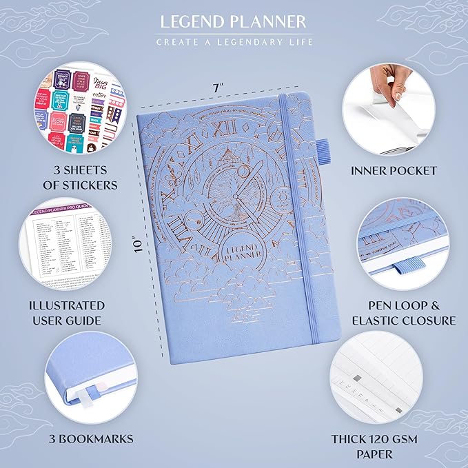 Legend Planner PRO – Deluxe Weekly & Monthly Life Planner to Increase Productivity and Hit Your Goals. Time Management Organizer Notebook – Undated – 7 x 10" Hardcover + Stickers – Periwinkle