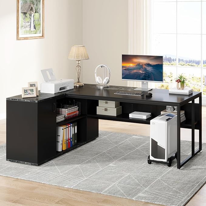Tribesigns 71 inch Executive Desk, L Shaped Desk with Cabinet Storage, Executive Office Desk with Shelves, Business Furniture Set Workstation for Home Office, Black