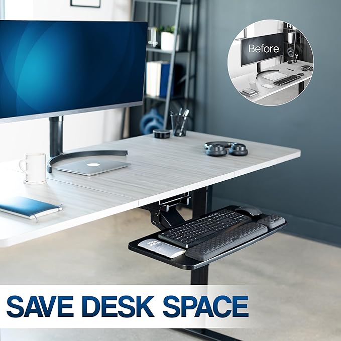 VIVO Premium Adjustable Computer Keyboard and Mouse Platform Tray, Ergonomic Under Table Desk Mount Drawer with Padding, Black, MOUNT-KB27P-B