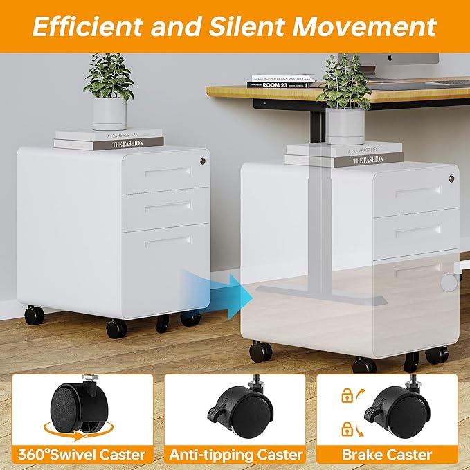 STANI 3 Drawer Filing Cabinet, Metal Filing Cabinet Legal/Letter Size with Lock, Mobile Storage Cabinet for Home and Office, Fully Assembled Except Wheels White