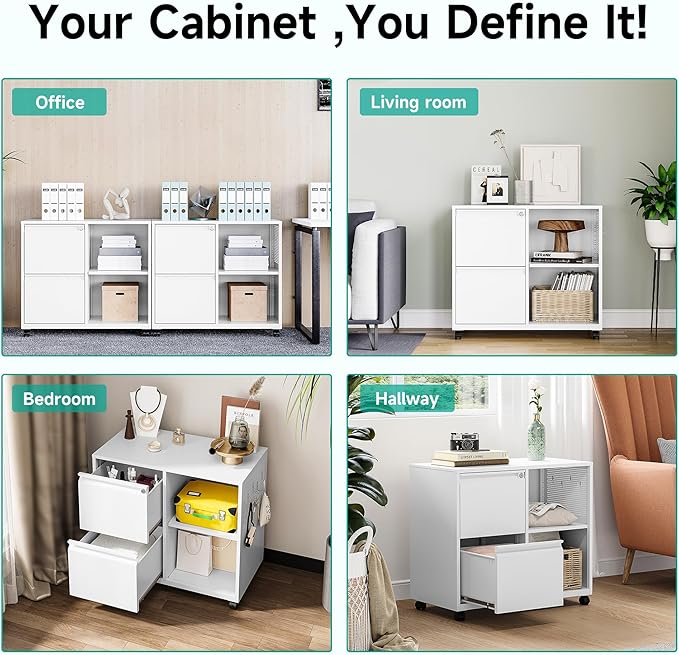 SISESOL 2 Drawer File Cabinet with Lock and Shelf,Mobile Lateral Filing Cabinet,Metal File Organizer Cabinet with Open Storage Shelves for Home Office Fit Legal/Letter A4 Size