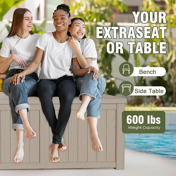 150 Gallon Resin Deck Box, Waterproof Outdoor Storage Bin for Patio Furniture, Pool Accessories, and Garden Tools, Lockable & UV-Resistant, Grey