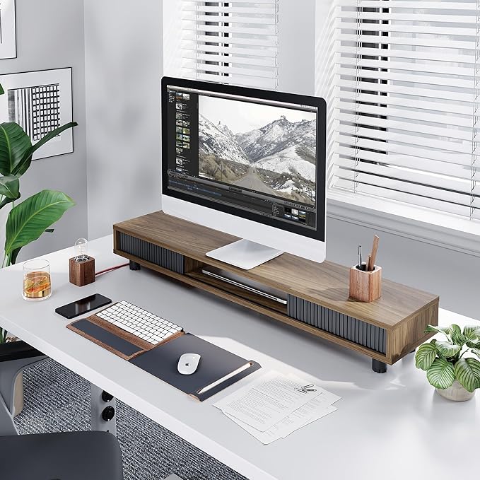 Fenge Dual Monitor Stand, 42.5inch Long Monitor Stands Riser for 2 Monitors, Sliding Door with Storage Organizer Stand for Desk, 2 Tier Desk Shelf for Laptop, Pc, Printer, Computer, TV