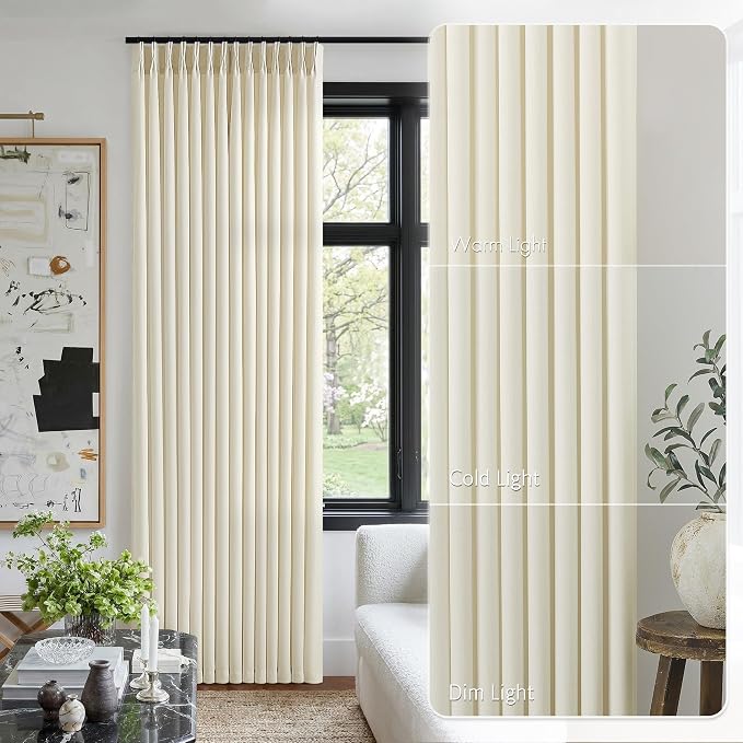 Cream Beige Pinch Pleated Linen Curtains 112 Inch 4 Panels Set - Image 2