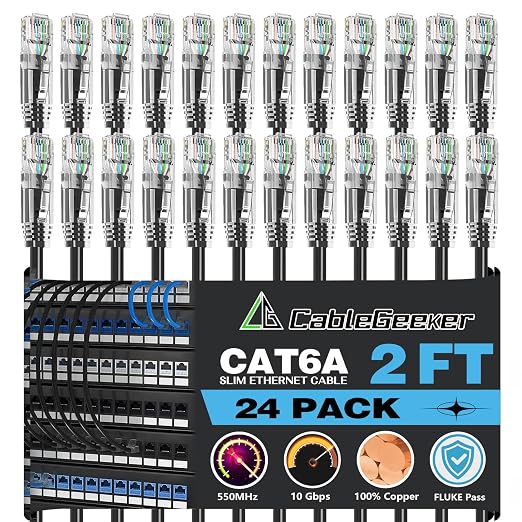 CableGeeker Patch Cables Cat6a 2ft Slim, Cat6 Ethernet Patch Cable 10G Support by CableGeeker
