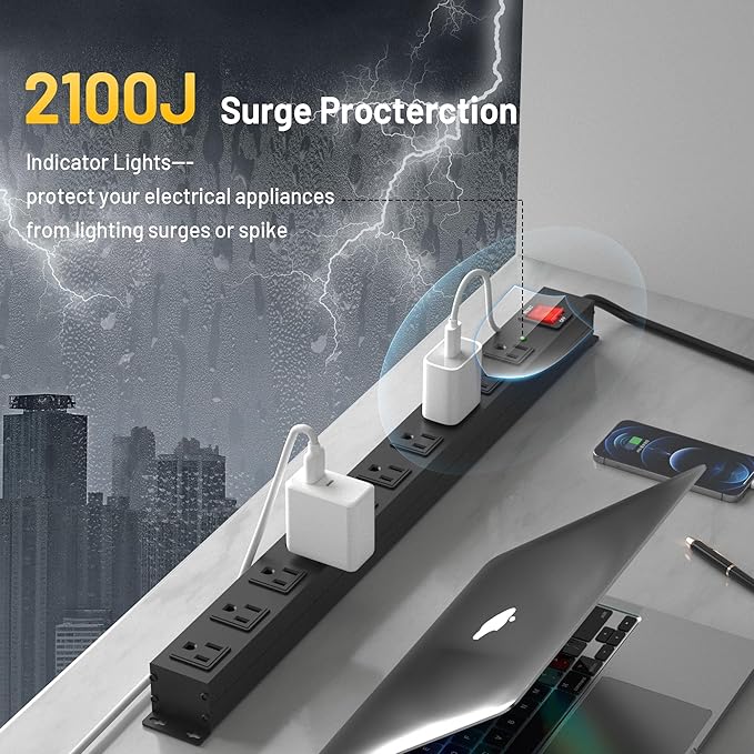 KF 10 Long Power Strip, Heavy Duty Surge Protector with 2100J, 15A/1875W Wall Mount Power Strip with Upgraded Switch, 14AWG 8FT Cord