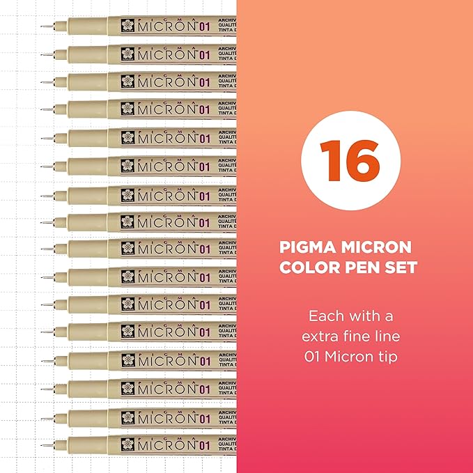 SAKURA Pigma Micron 01, Ass't Archival Colors 16 PK