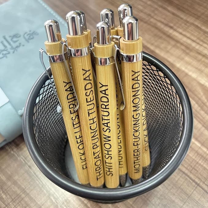 7-Piece Funny Bamboo Pen Set for Sarcastic Souls, Unique Days of The Week Mood Ballpoint Pens with Engraved Humorous Quotes, Excellent Gift for Office, Friends, and Coworkers