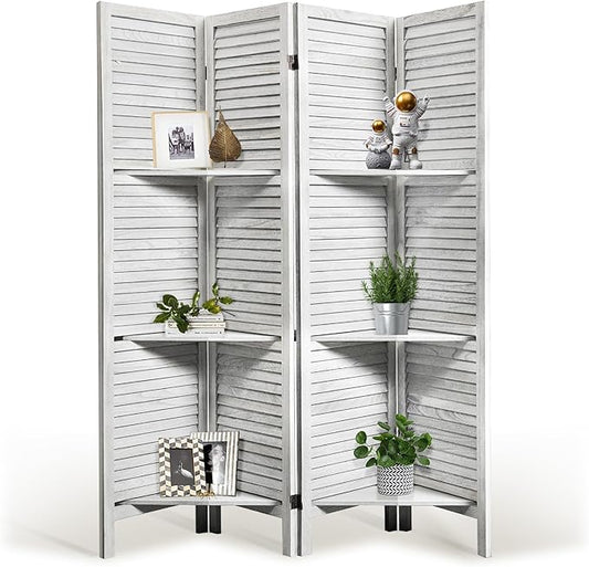 Room Divider with Shelves, 5.6FT Folding Room Divider Panel, 4 Panel Wood Partition Wall Divider for Room Separation, White